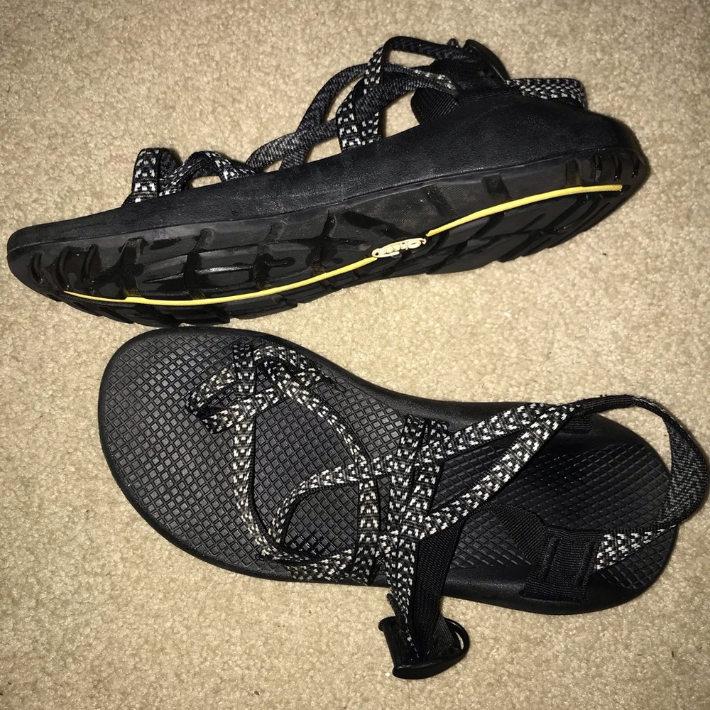 black and white chacos